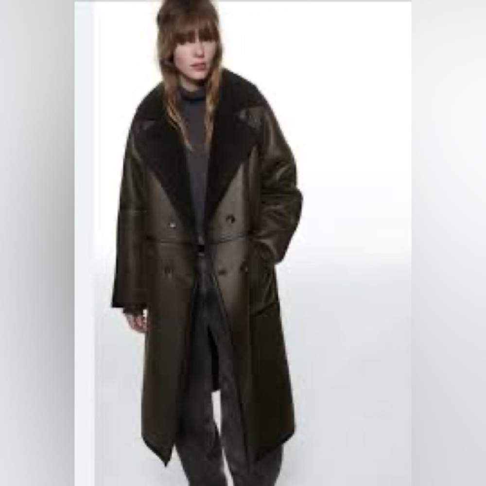 Zara Dark Brown Leather Shearling-Trim Long Coat